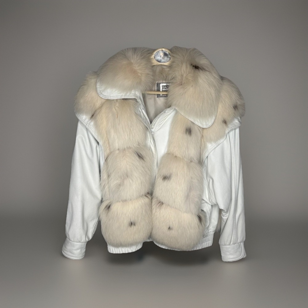 Saga Furs White Leather Bomber Jacket with Cream Natural Fur Trim